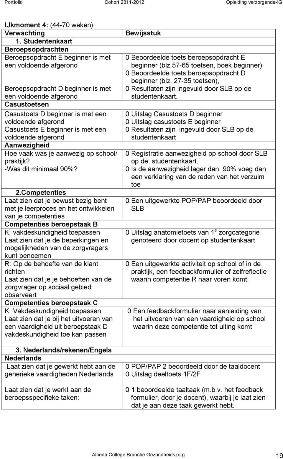 voldoende afgerond Casustoets E beginner is met een voldoende afgerond Aanwezigheid Hoe vaak was je aanwezig op school/ praktijk? -Was dit minimaal 90%? 2.