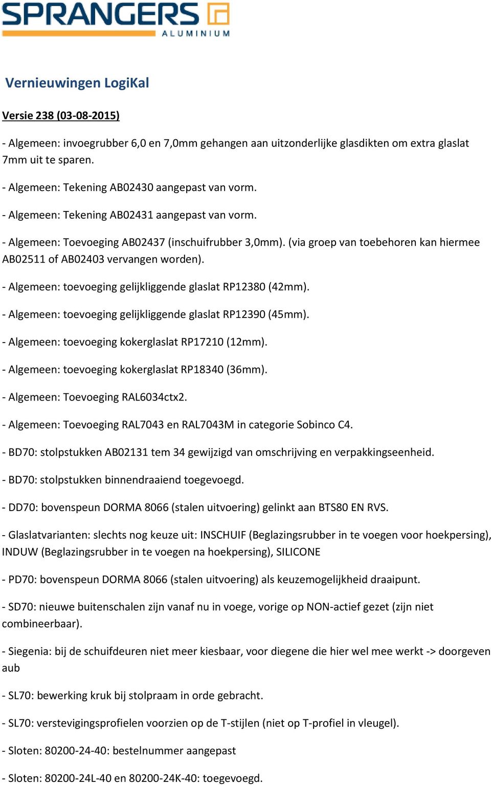 (via groep van toebehoren kan hiermee AB02511 of AB02403 vervangen worden). - Algemeen: toevoeging gelijkliggende glaslat RP12380 (42mm). - Algemeen: toevoeging gelijkliggende glaslat RP12390 (45mm).