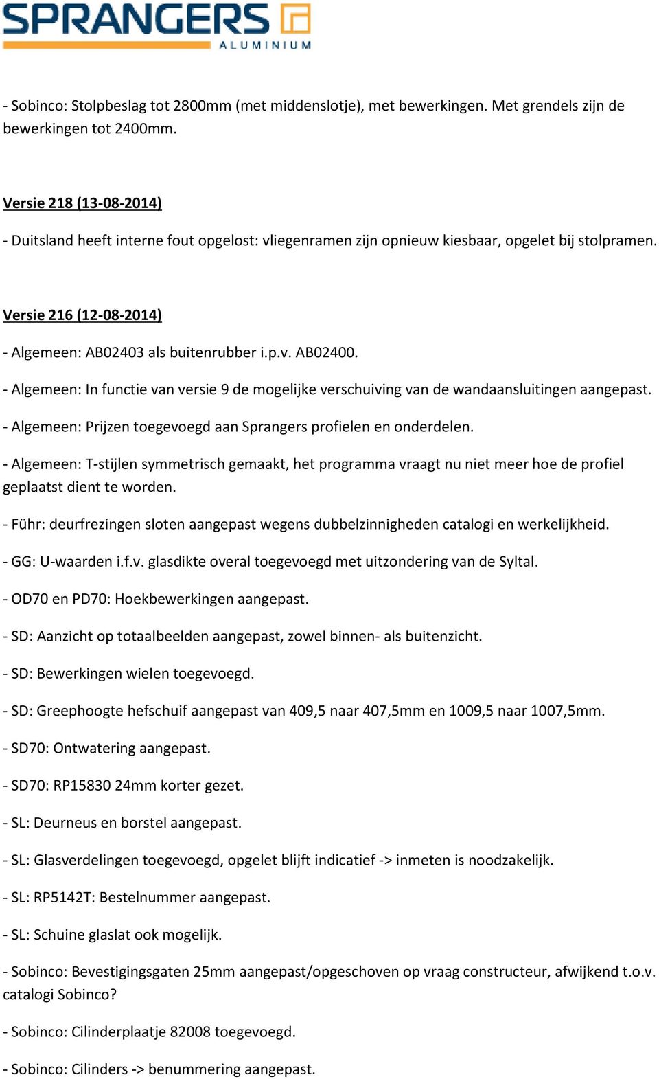 - Algemeen: In functie van versie 9 de mogelijke verschuiving van de wandaansluitingen aangepast. - Algemeen: Prijzen toegevoegd aan Sprangers profielen en onderdelen.