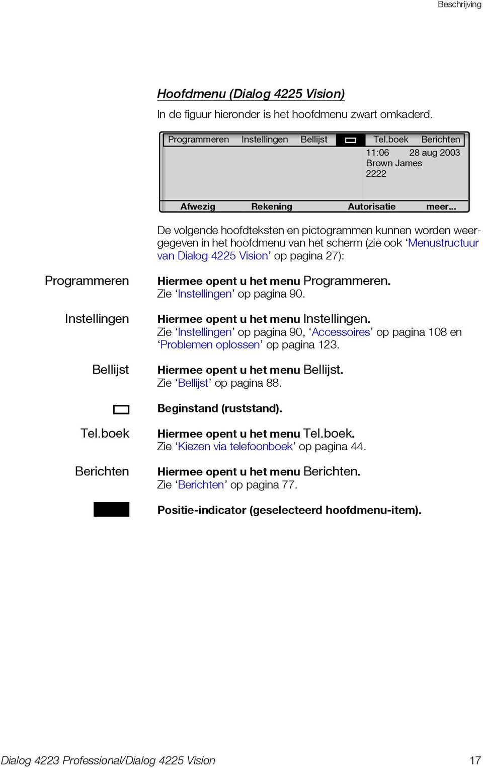 .. De volgende hoofdteksten en pictogrammen kunnen worden weergegeven in het hoofdmenu van het scherm (zie ook Menustructuur van Dialog 4225 Vision op pagina 27): Programmeren Instellingen Bellijst