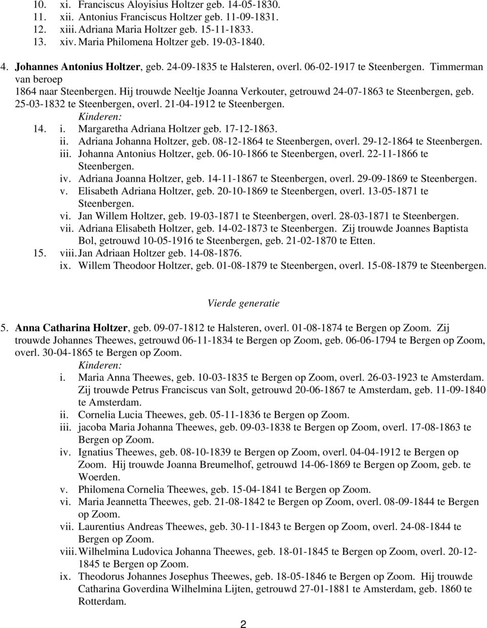 Hij trouwde Neeltje Joanna Verkouter, getrouwd 24-07-1863 te Steenbergen, geb. 25-03-1832 te Steenbergen, overl. 21-04-1912 te Steenbergen. 14. i. Margaretha Adriana Holtzer geb. 17-12-1863. ii.