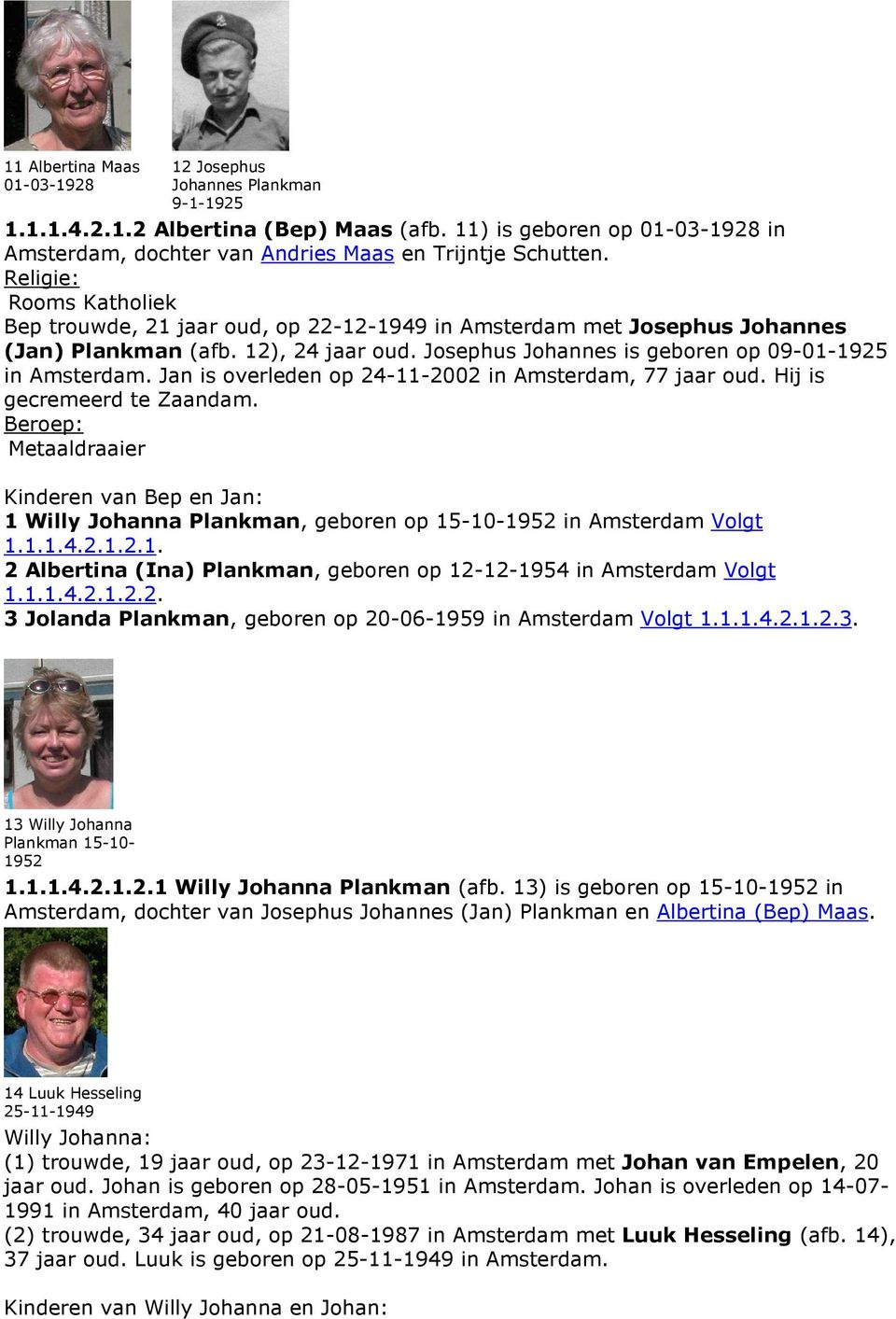 Jan is overleden op 24-11-2002 in Amsterdam, 77 jaar oud. Hij is gecremeerd te Zaandam. Metaaldraaier Kinderen van Bep en Jan: 1 Willy Johanna Plankman, geboren op 15-10-1952 in Amsterdam Volgt 1.1.1.4.2.1.2.1. 2 Albertina (Ina) Plankman, geboren op 12-12-1954 in Amsterdam Volgt 1.