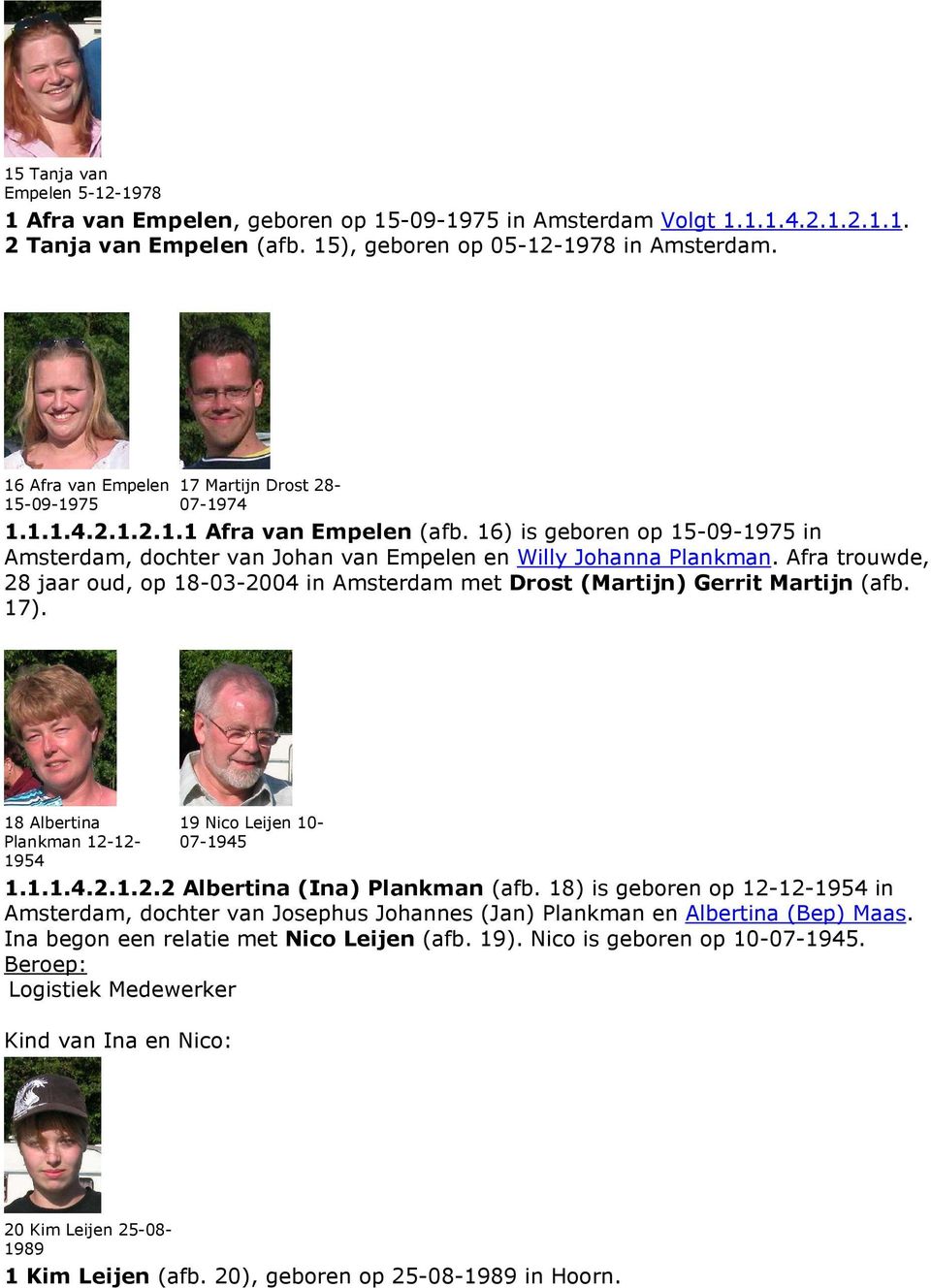 Afra trouwde, 28 jaar oud, op 18-03-2004 in Amsterdam met Drost (Martijn) Gerrit Martijn (afb. 17). 18 Albertina Plankman 12-12- 1954 19 Nico Leijen 10-07-1945 1.1.1.4.2.1.2.2 Albertina (Ina) Plankman (afb.