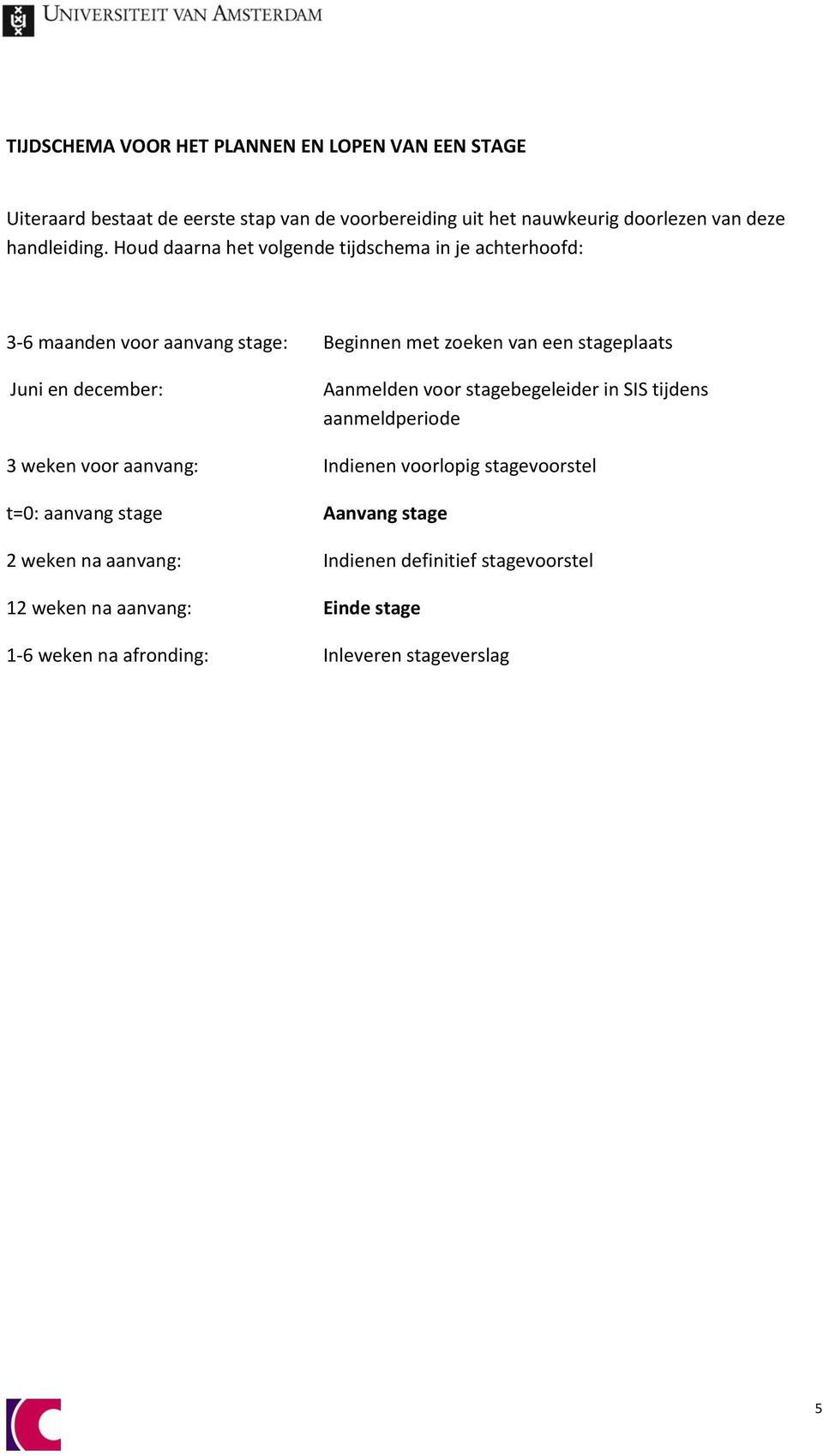 Houd daarna het volgende tijdschema in je achterhoofd: 3-6 maanden voor aanvang stage: Beginnen met zoeken van een stageplaats Juni en december: