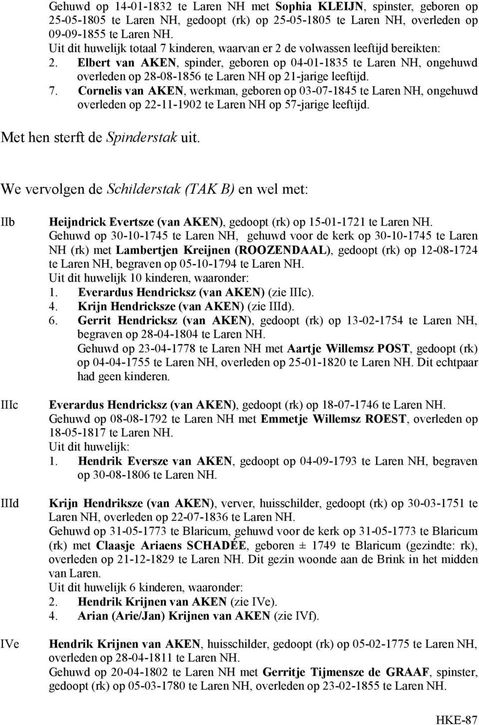 Elbert van AKEN, spinder, geboren op 04-01-1835 te Laren NH, ongehuwd overleden op 28-08-1856 te Laren NH op 21-jarige leeftijd. 7.