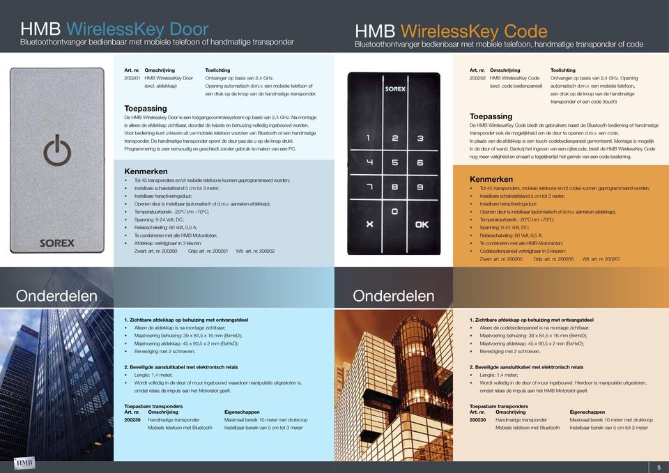 Toepassing De HMB Wirelesskey Door is een toegangscontrolesysteem op basis van 2,4 GHz. Na montage is alleen de afdekkap zichtbaar, doordat de kabels en behuizing volledig ingebouwd worden.