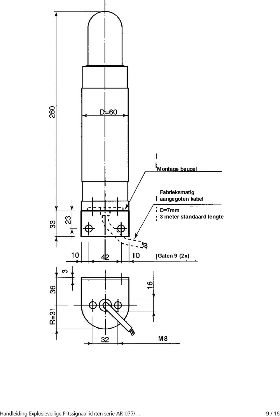 lengte Gaten 9 (2x) M8 (2x) Handleiding