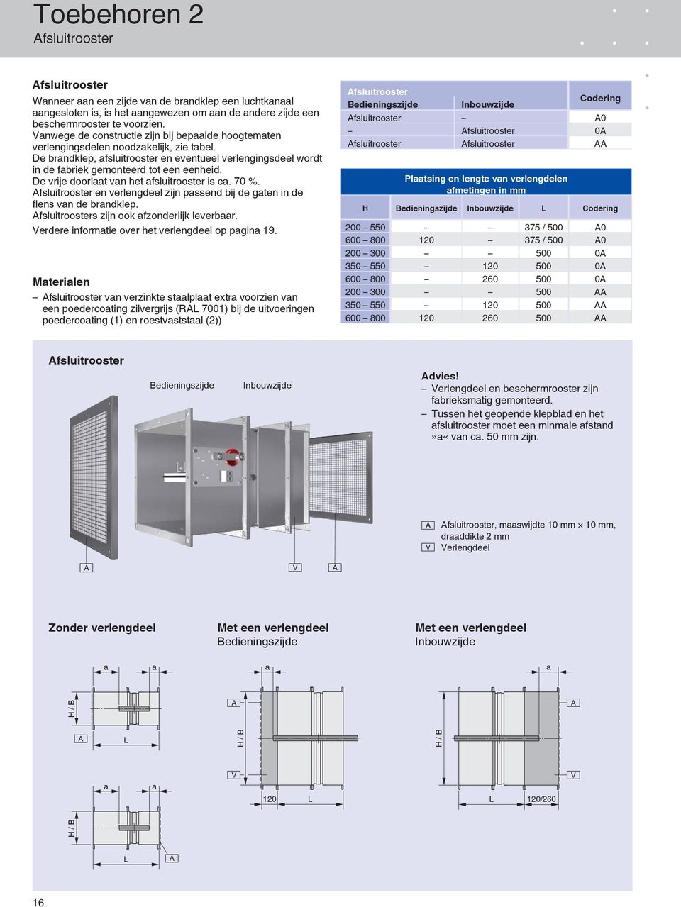 De vrije doorlaat van het afsluitrooster is ca. 70 %. Afsluitrooster en verlengdeel zijn passend bij de gaten in de fl ens van de brandklep. Afsluitroosters zijn ook afzonderlijk leverbaar.