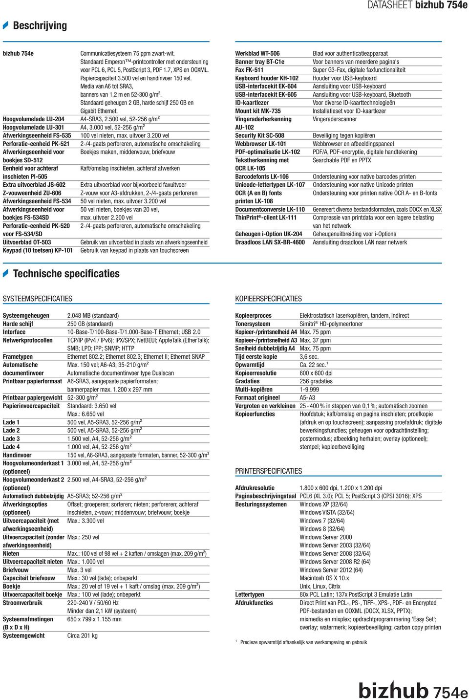 Standaard Emperon -printcontroller met ondersteuning voor PCL 6, PCL 5, PostScript 3, PDF 1.7, XPS en OOXML. Papiercapaciteit 3.500 vel en handinvoer 150 vel.