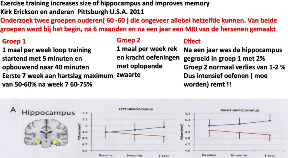 Van beide groepen werd bij het begin, na 6 maanden en na een jaar een MRI van de hersenen gemaakt Groep 1 1 maal per week loop training startend met 5 minuten en