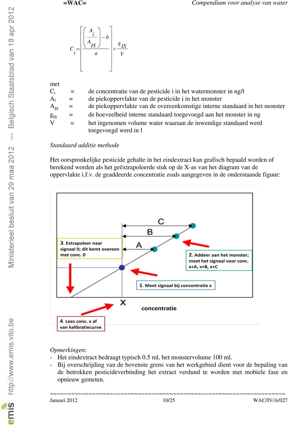 standaard in het monster g IS = de hoeveelheid interne standaard toegevoegd aan het monster in ng V = het ingenomen volume water waaraan de inwendige standaard werd toegevoegd werd in l Standaard