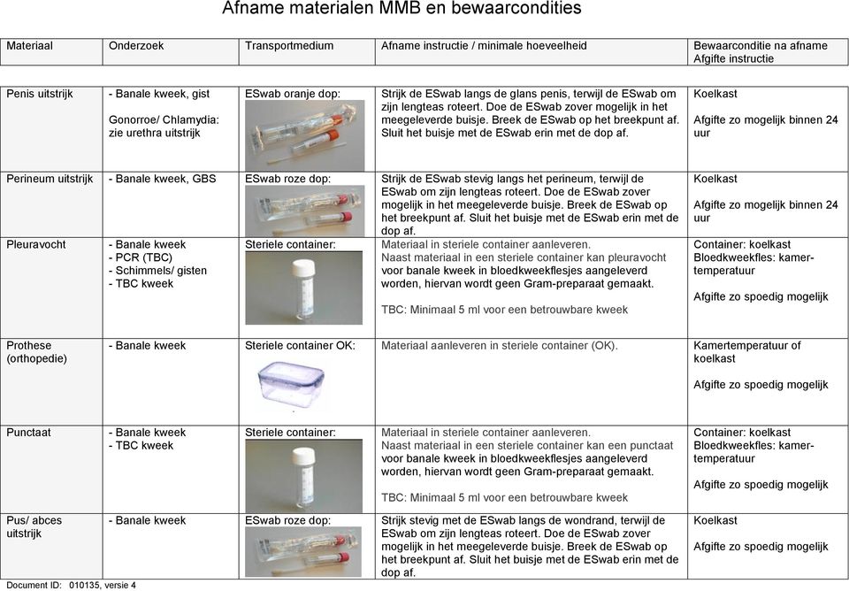 Sluit het buisje met de ESwab erin met de Perineum uitstrijk, GBS Strijk de ESwab stevig langs het perineum, terwijl de Pleuravocht - PCR (TBC) - Schimmels/ gisten Materiaal in steriele container