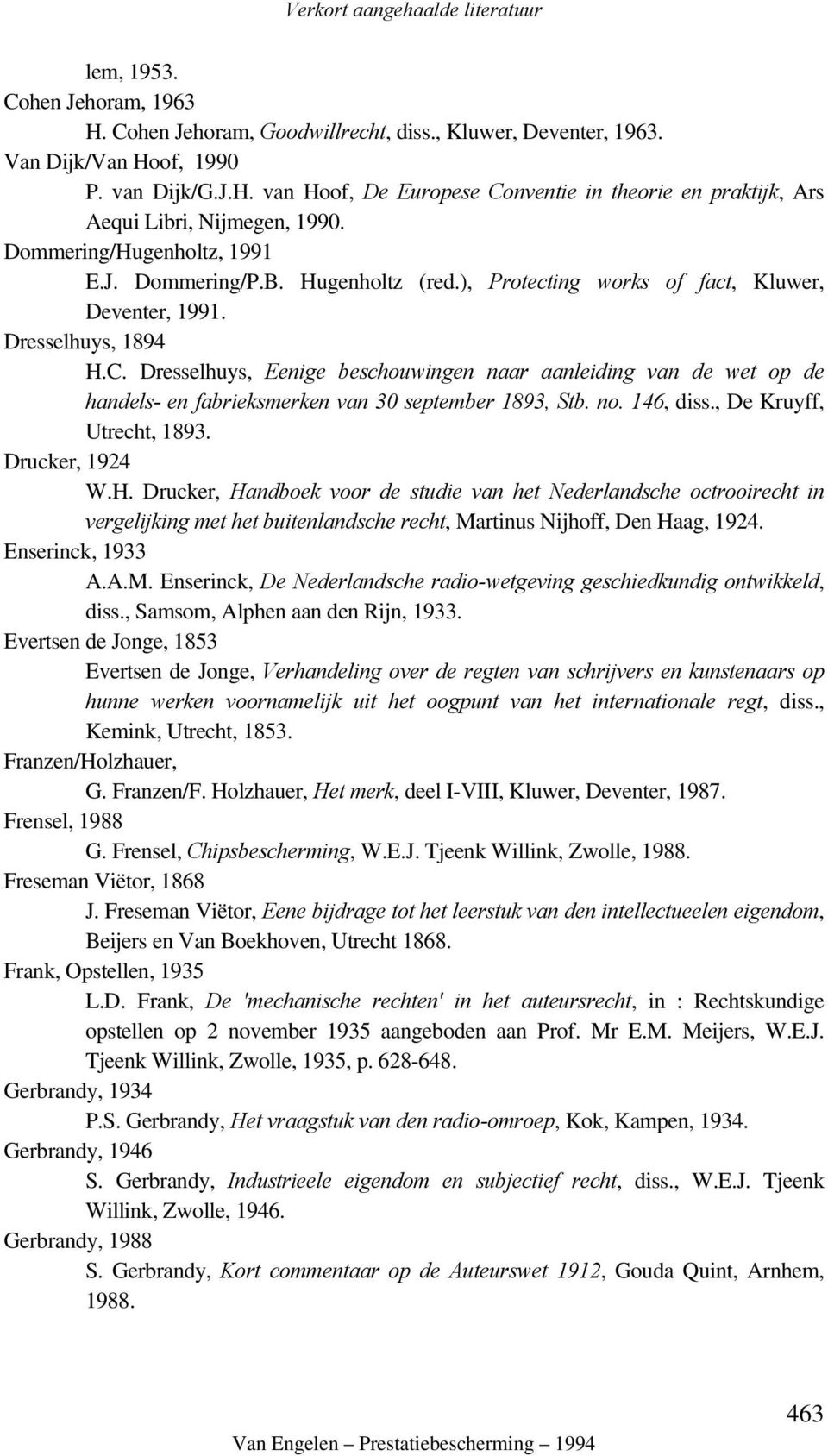 Dresselhuys, Eenige beschouwingen naar aanleiding van de wet op de handels- en fabrieksmerken van 30 september 1893, Stb. no. 146, diss., De Kruyff, Utrecht, 1893. Drucker, 1924 W.H.