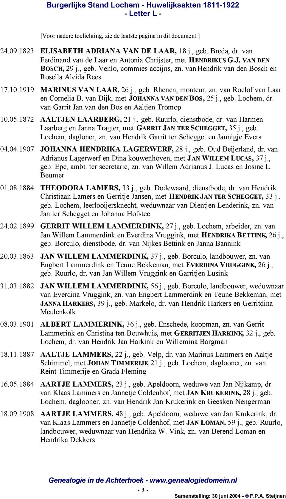van Dijk, met JOHANNA VAN DEN BOS, 25 j., geb. Lochem, dr. van Garrit Jan van den Bos en Aaltjen Tromop 10.05.1872 AALTJEN LAARBERG, 21 j., geb. Ruurlo, dienstbode, dr.
