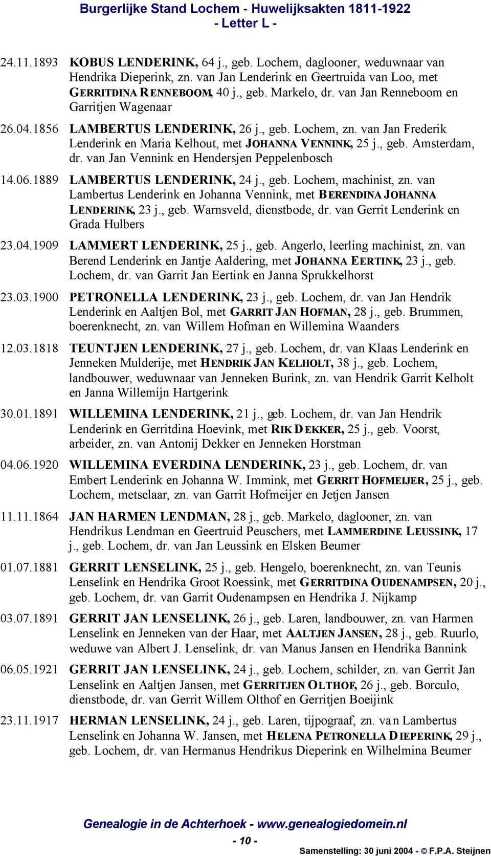 van Jan Vennink en Hendersjen Peppelenbosch 14.06.1889 LAMBERTUS LENDERINK, 24 j., geb. Lochem, machinist, zn. van Lambertus Lenderink en Johanna Vennink, met BERENDINA JOHANNA LENDERINK, 23 j., geb. Warnsveld, dienstbode, dr.