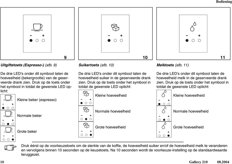 10) De drie LED's onder dit symbool laten de hoeveelheid suiker in de geserveerde drank zien. Druk op de toets onder het symbool in totdat de gewenste LED oplicht: Kleine hoeveelheid Melktoets (afb.