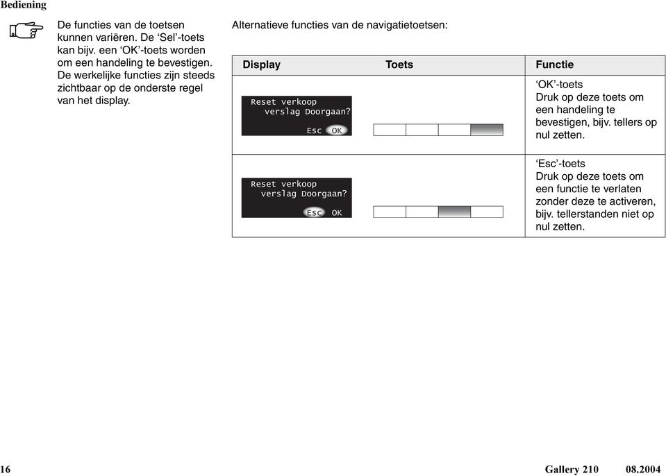 Alternatieve functies van de navigatietoetsen: Display Toets Functie Reset verkoop verslag Doorgaan?