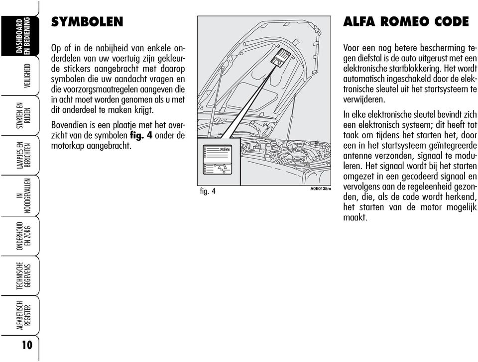 4 onder de motorkap aangebracht. fig. 4 A0E0138m ALFA ROMEO CODE Voor een nog betere bescherming tegen diefstal is de auto uitgerust met een elektronische startblokkering.