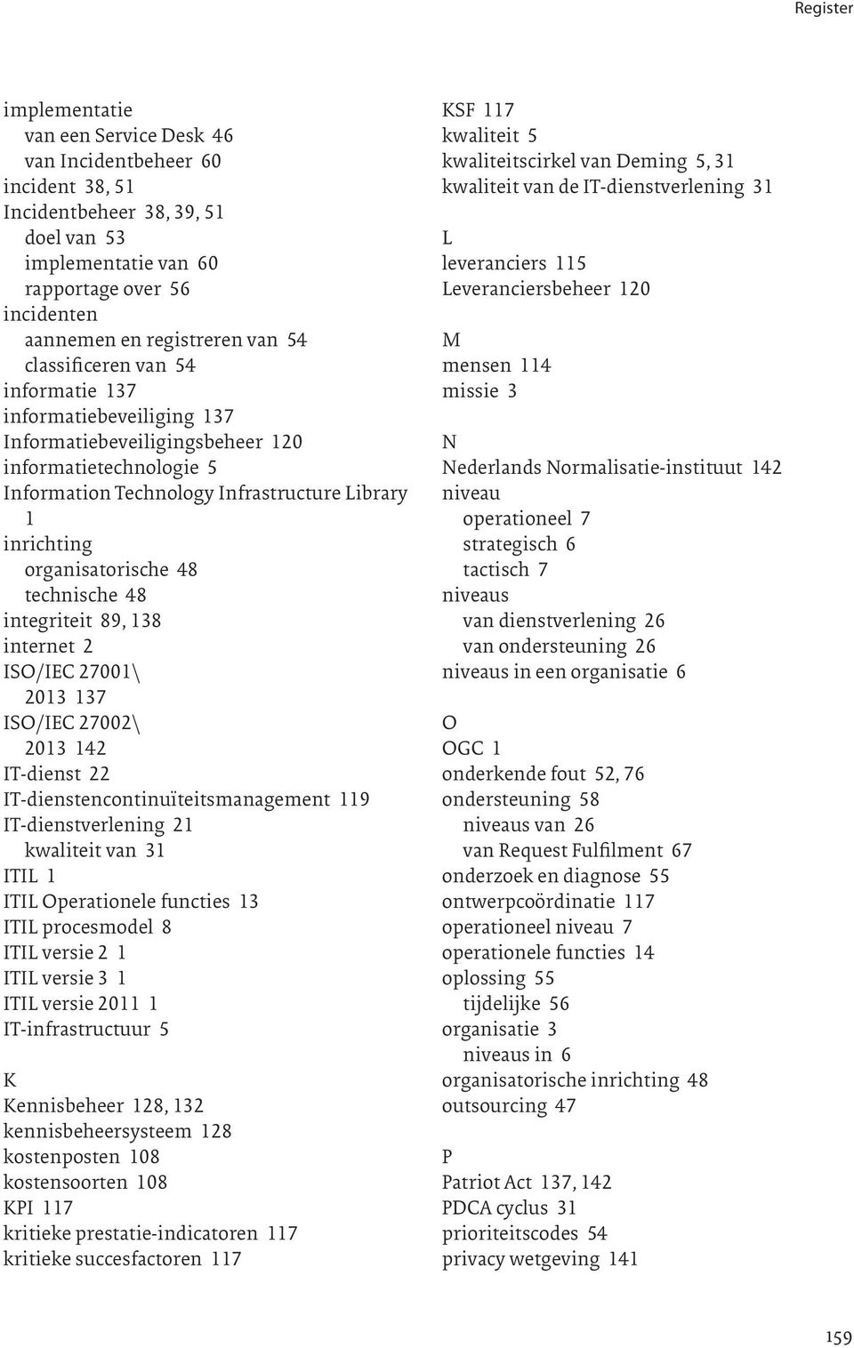 organisatorische 48 technische 48 integriteit 89, 138 internet 2 ISO/IEC 27001\ 2013 137 ISO/IEC 27002\ 2013 142 IT-dienst 22 IT-dienstencontinuïteitsmanagement 119 IT-dienstverlening 21 kwaliteit