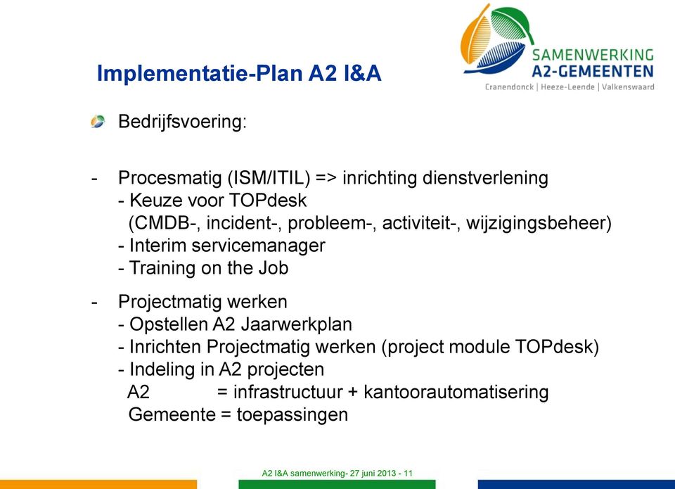- Projectmatig werken - Opstellen A2 Jaarwerkplan - Inrichten Projectmatig werken (project module TOPdesk) -