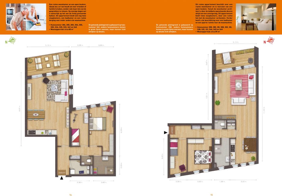 Huisnummer 28A, 28D, 28H, 30A, 30D, 30H, 32A, 32D, 32H, 34C en 34G Woonoppervlak circa 88 m 2 De getoonde plattegrond is gebaseerd op huisnummer 34C, andere huisnummers komen in grote lijnen overeen,