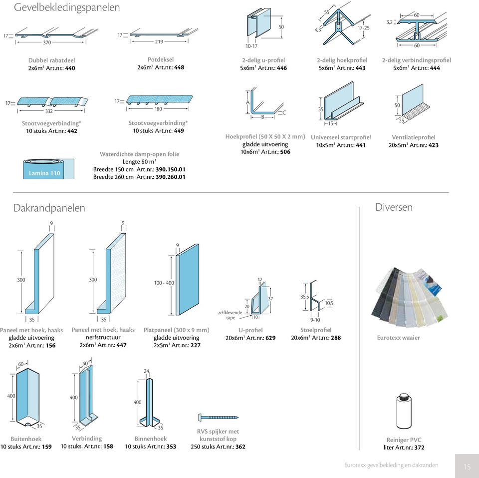 nr.: 390.150.01 Breedte 260 cm Art.nr.: 390.260.01 A B Hoekprofiel (50 X 50 X 2 mm) gladde uitvoering 10x6m 1 Art.nr.: 506 C 35 15 Universeel startprofiel 10x5m 1 Art.nr.: 441 50 25 Ventilatieprofiel 20x5m 1 Art.