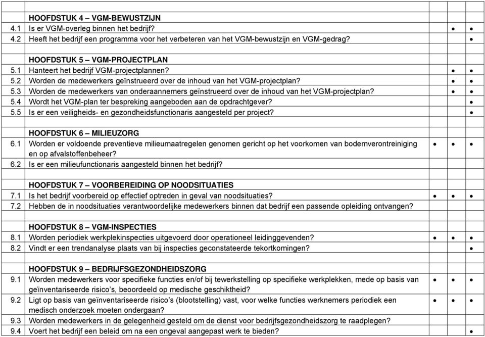 5.4 Wordt het VGM-plan ter bespreking aangeboden aan de opdrachtgever? 5.5 Is er een veiligheids- en gezondheidsfunctionaris aangesteld per project? HOOFDSTUK 6 MILIEUZORG 6.