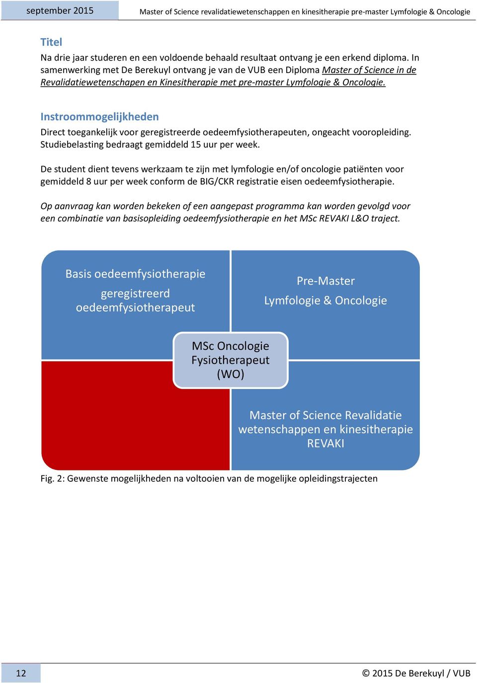 Instroommogelijkheden Direct toegankelijk voor geregistreerde oedeemfysiotherapeuten, ongeacht vooropleiding. Studiebelasting bedraagt gemiddeld 15 uur per week.