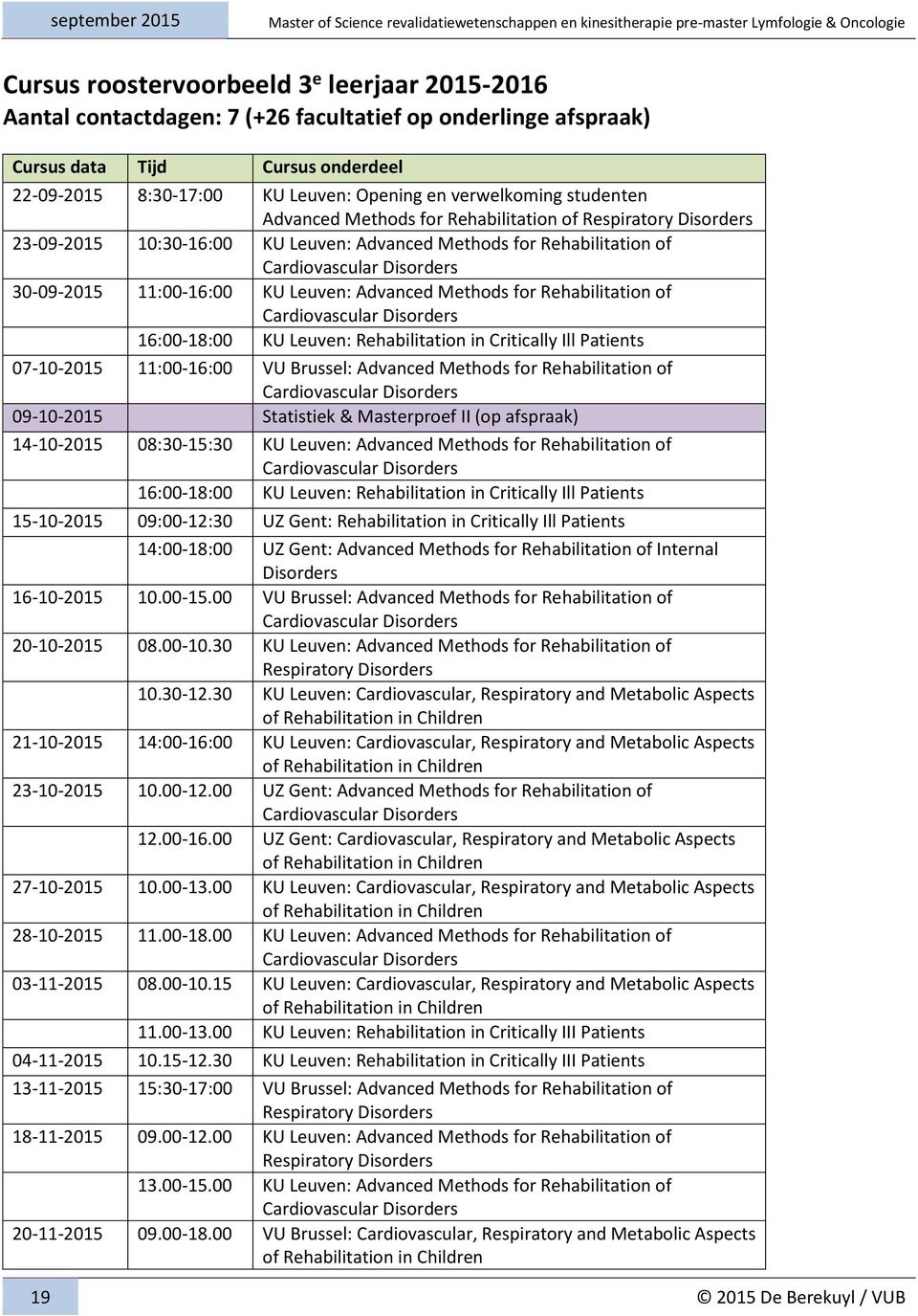 11:00-16:00 KU Leuven: Advanced Methods for Rehabilitation of Cardiovascular Disorders 16:00-18:00 KU Leuven: Rehabilitation in Critically Ill Patients 07-10-2015 11:00-16:00 VU Brussel: Advanced