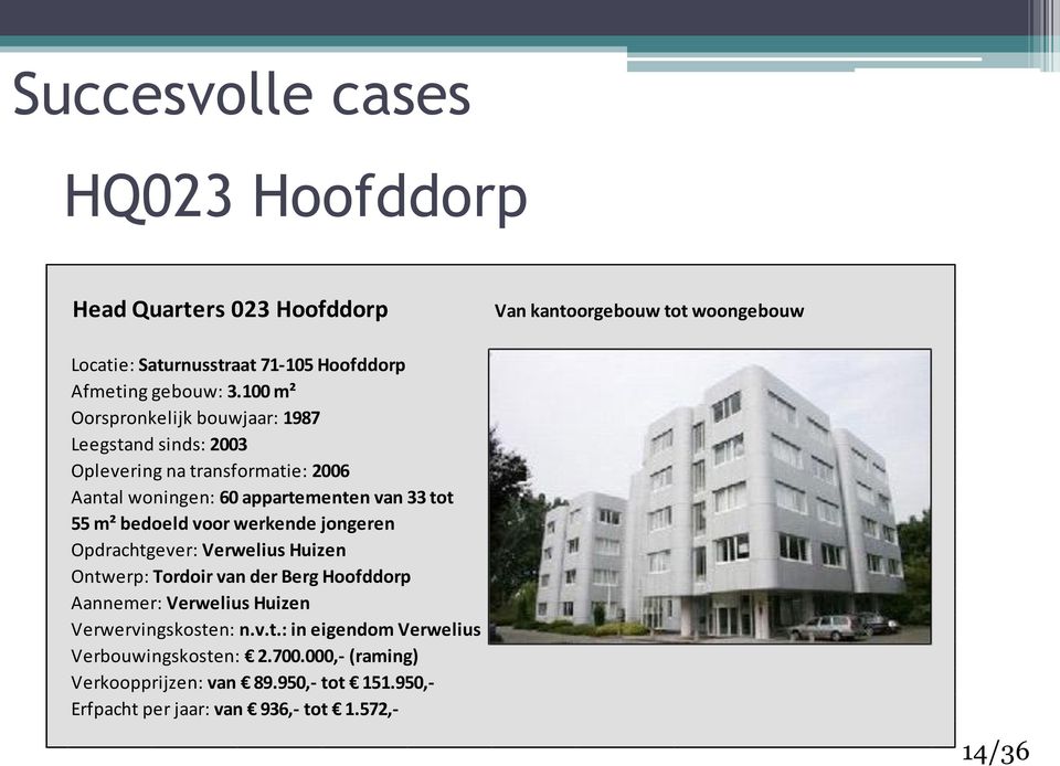 100 m² Oorspronkelijk bouwjaar: 1987 Leegstand sinds: 2003 Oplevering na transformatie: 2006 Aantal woningen: 60 appartementen van 33 tot 55 m² bedoeld