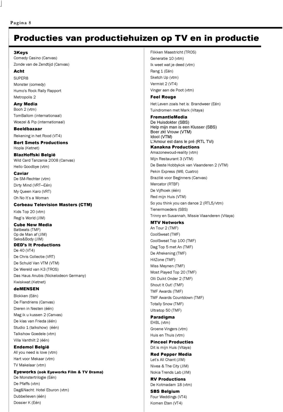 Hello Goodbye (vtm) Caviar De SM-Rechter (vtm) Dirty Mind (VRT Eén) My Queen Karo (VRT) Oh No It s a Woman Corbeau Television Masters (CTM) Kids Top 20 (vtm) Regi s World (JIM) Cube New Media