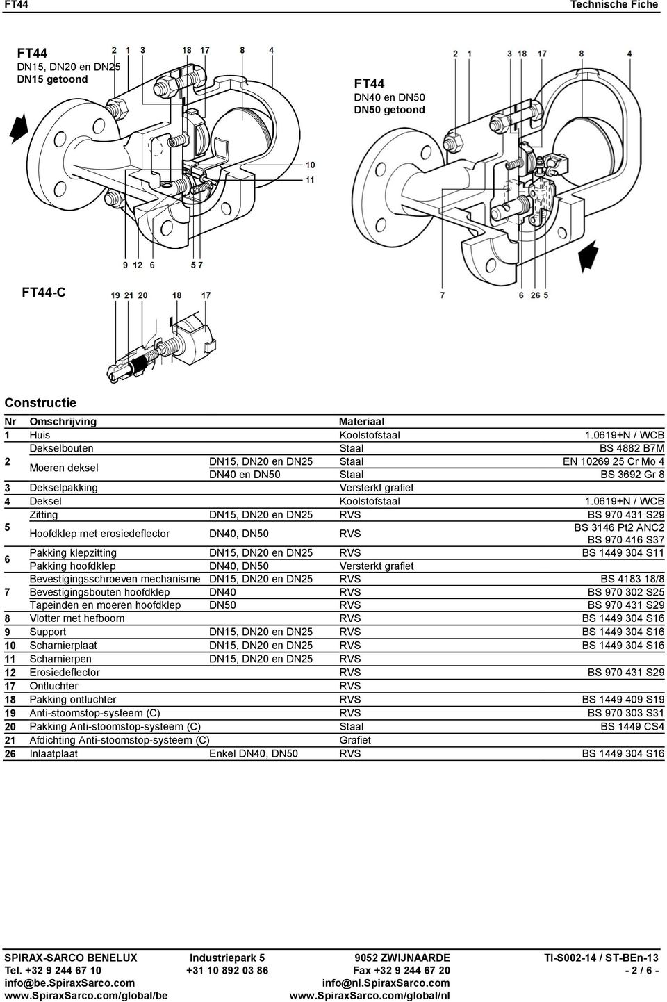 0619+N / WCB Zitting RVS BS 970 431 S29 5 BS 3146 Pt2 ANC2 Hoofdklep met erosiedeflector DN40, DN50 RVS BS 970 416 S37 6 Pakking klepzitting RVS BS 1449 304 S11 Pakking hoofdklep DN40, DN50 Versterkt