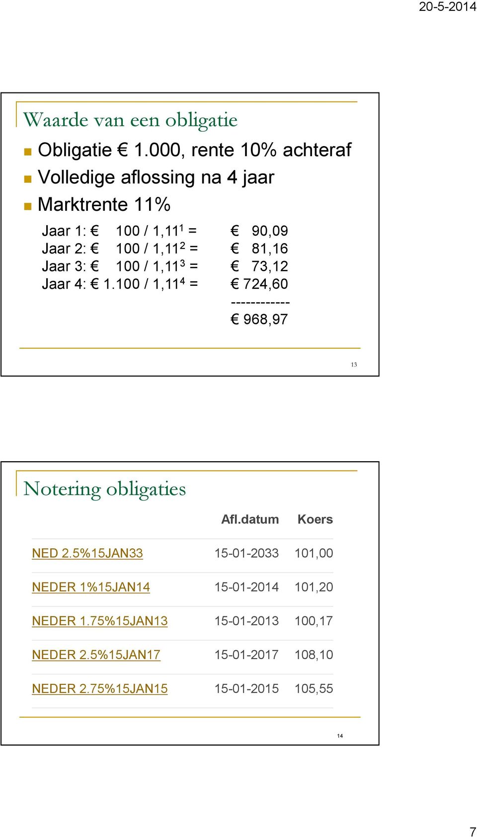 2 = 81,16 Jaar 3: 100 / 1,11 3 = 73,12 Jaar 4: 1.100 / 1,11 4 = 724,60 ------------ 968,97 13 Notering obligaties Afl.