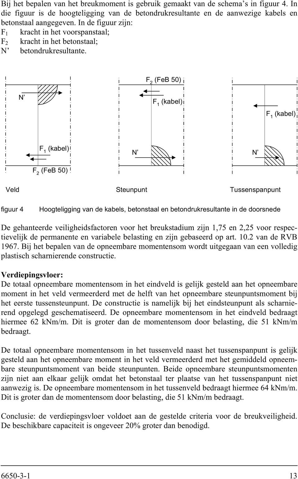 F 2 (FeB 50) N F 1 (kabel) F 1 (kabel) F 1 (kabel) F 2 (FeB 50) N N Veld Steunpunt Tussenspanpunt figuur 4 Hoogteligging van de kabels, betonstaal en betondrukresultante in de doorsnede De