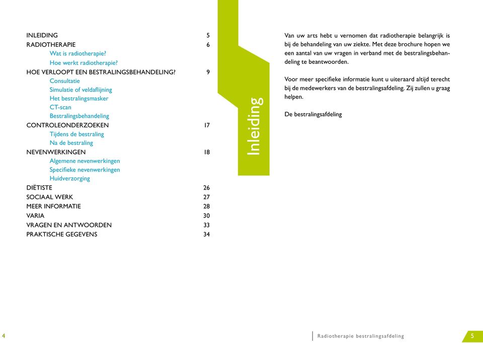 Specifieke nevenwerkingen Huidverzorging Diëtiste 26 Sociaal werk 27 Meer informatie 28 Varia 30 Vragen en antwoorden 33 Praktische gegevens 34 Inleiding Van uw arts hebt u vernomen dat radiotherapie