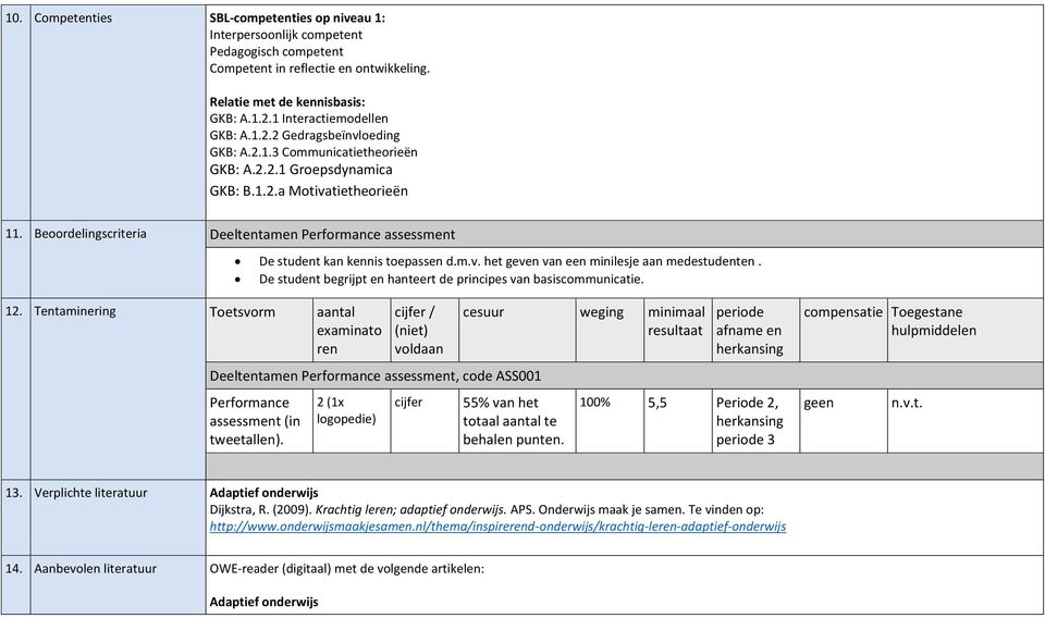 Beoordelingscriteria Deeltentamen Performance assessment De student kan kennis toepassen d.m.v. het geven van een minilesje aan medestudenten.