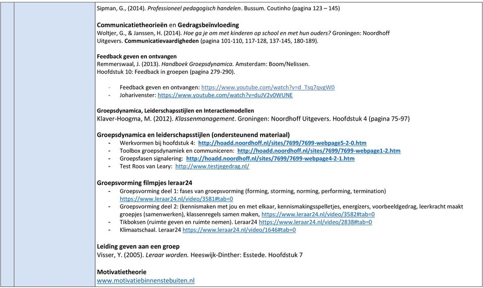 Amsterdam: Boom/Nelissen. Hoofdstuk 10: Feedback in groepen (pagina 279-290). - Feedback geven en ontvangen: https://www.youtube.com/watch?