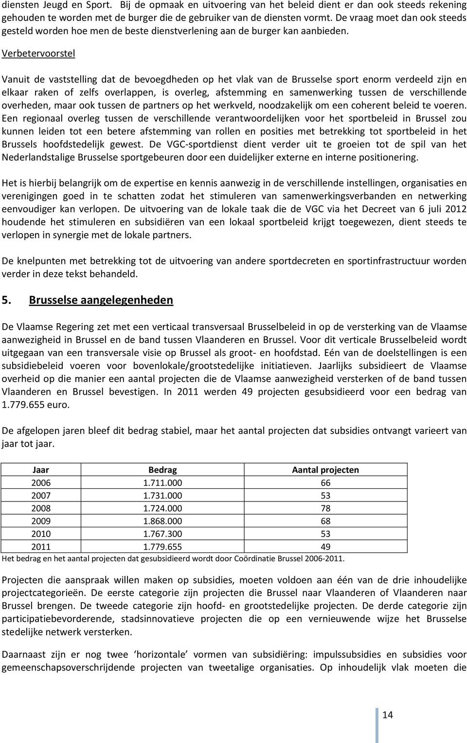 Verbetervoorstel Vanuit de vaststelling dat de bevoegdheden op het vlak van de Brusselse sport enorm verdeeld zijn en elkaar raken of zelfs overlappen, is overleg, afstemming en samenwerking tussen