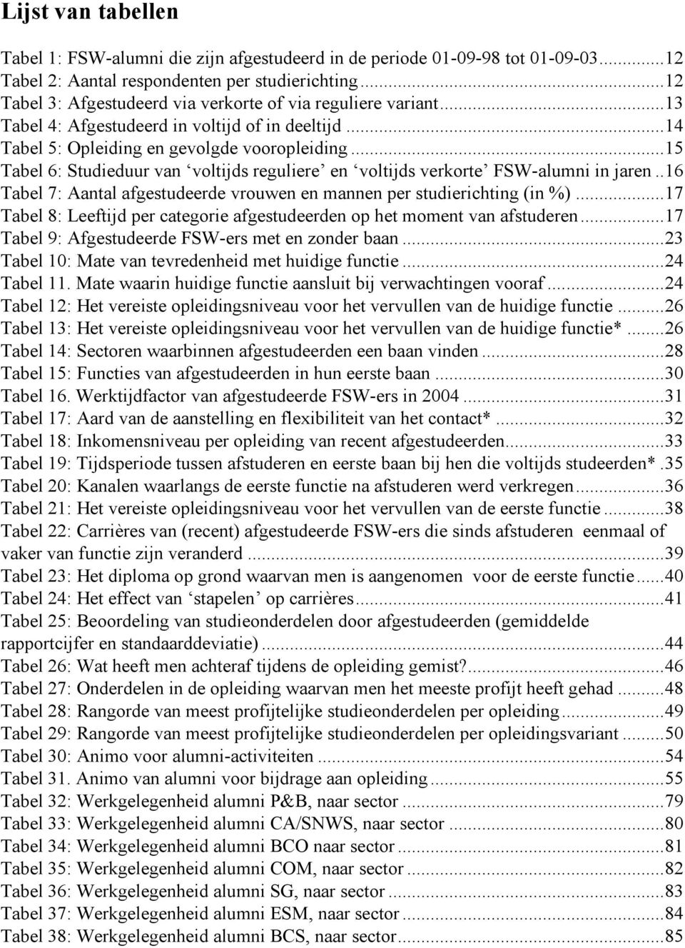 .. 15 Tabel 6: Studieduur van voltijds reguliere en voltijds verkorte FSW-alumni in jaren.. 16 Tabel 7: Aantal afgestudeerde vrouwen en mannen per studierichting (in ).