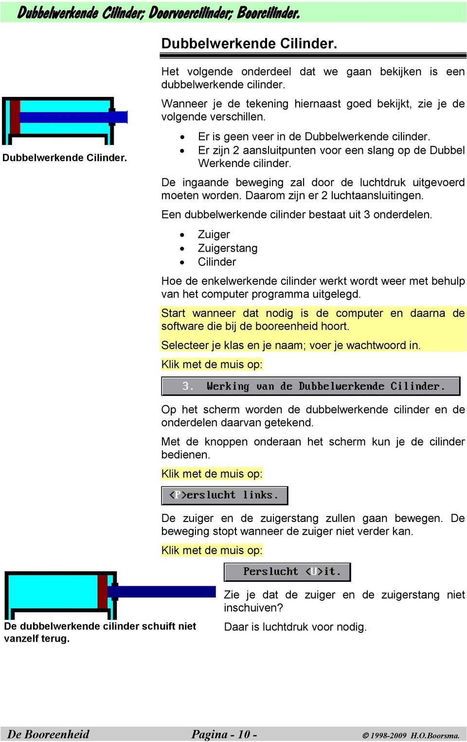 De ingaande beweging zal door de luchtdruk uitgevoerd moeten worden. Daarom zijn er 2 luchtaansluitingen. Een dubbelwerkende cilinder bestaat uit 3 onderdelen.