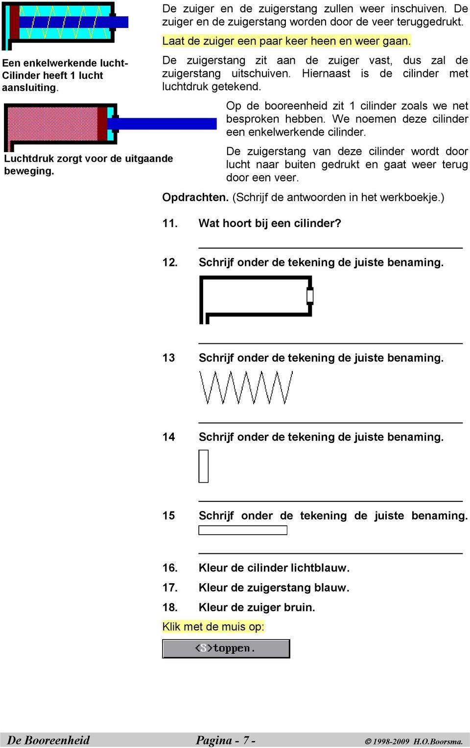 Hiernaast is de cilinder met luchtdruk getekend. Op de booreenheid zit 1 cilinder zoals we net besproken hebben. We noemen deze cilinder een enkelwerkende cilinder.