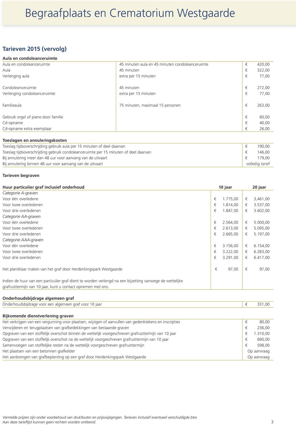 exemplaar 26,00 Toeslagen en annuleringskosten Toeslag tijdsoverschrijding gebruik aula per 15 minuten of deel daarvan 190,00 Toeslag tijdsoverschrijding gebruik condoleanceruimte per 15 minuten of