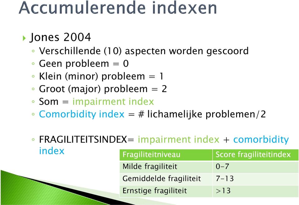 lichamelijke problemen/2 FRAGILITEITSINDEX= impairment index + comorbidity index