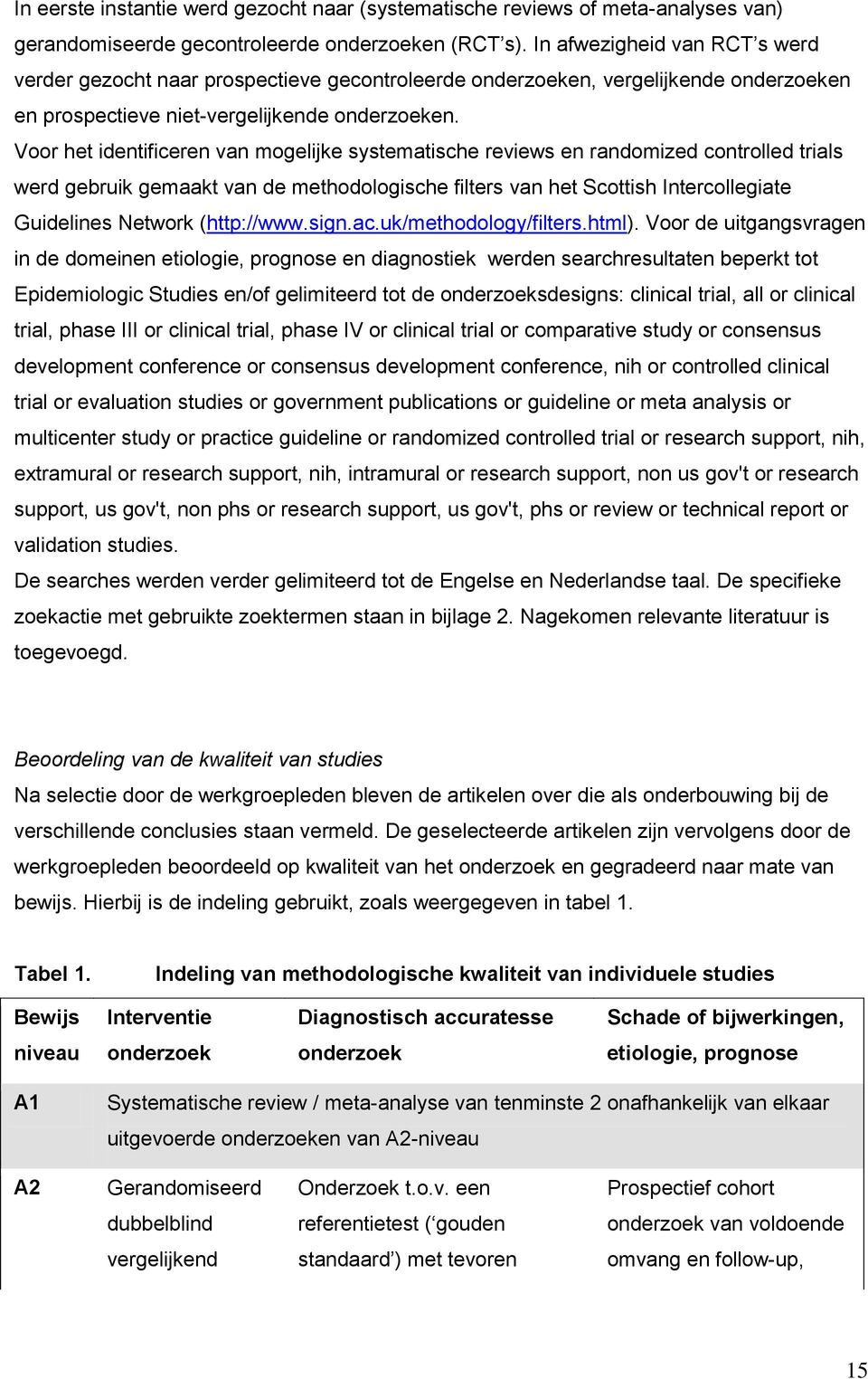 Voor het identificeren van mogelijke systematische reviews en randomized controlled trials werd gebruik gemaakt van de methodologische filters van het Scottish Intercollegiate Guidelines Network