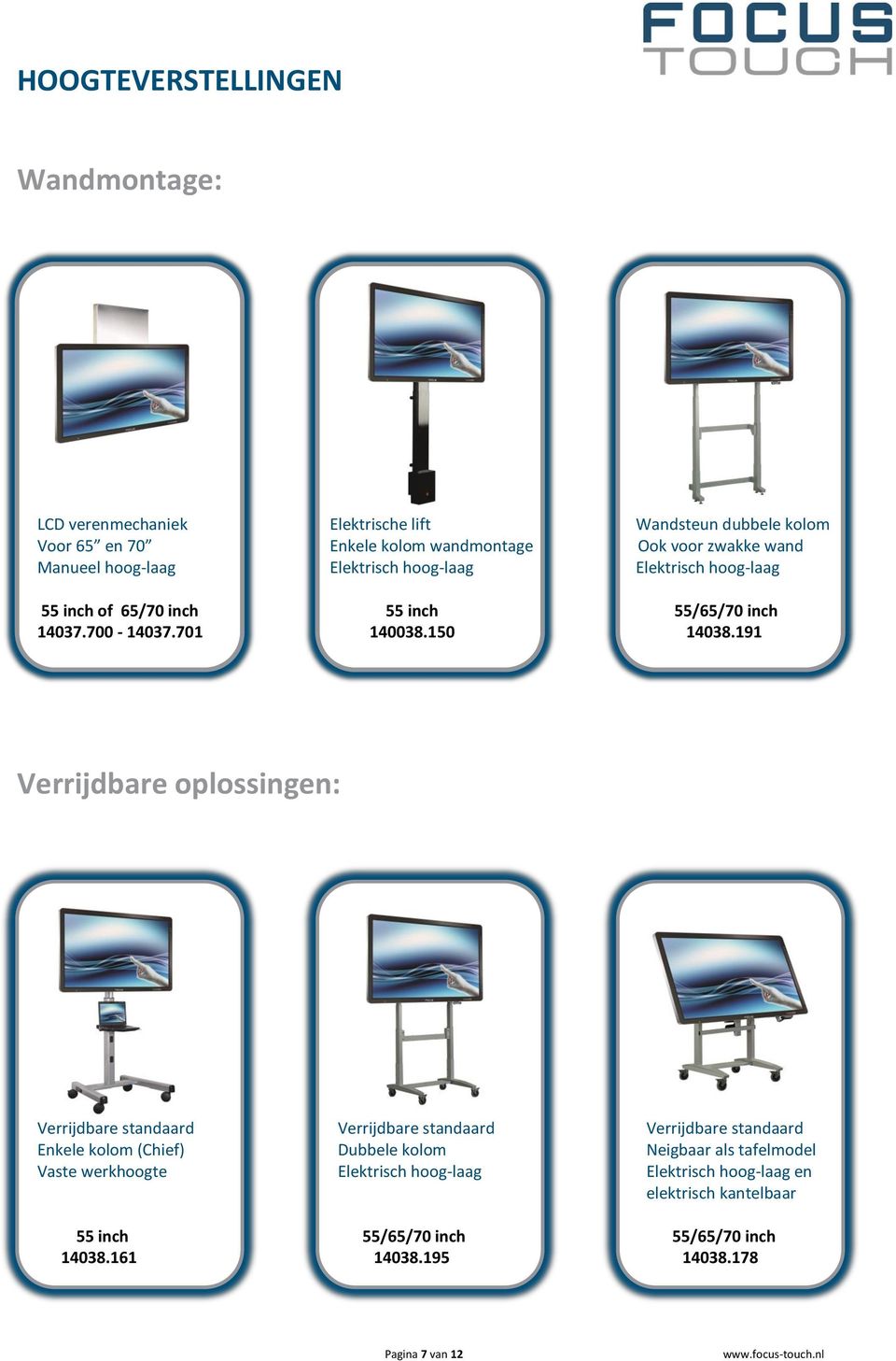 191 Verrijdbare oplossingen: Verrijdbare standaard Verrijdbare standaard Verrijdbare standaard Enkele kolom (Chief) Dubbele kolom Neigbaar als tafelmodel