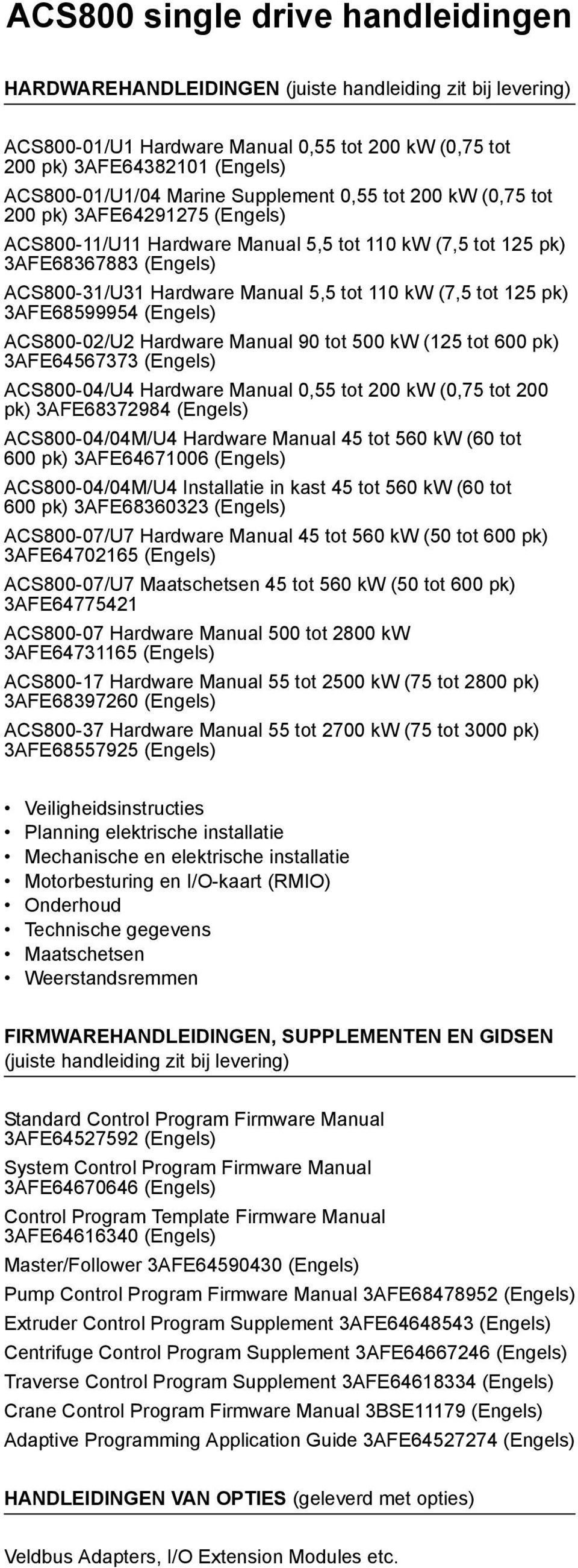 kw (7,5 tot 125 pk) 3AFE68599954 (Engels) ACS800-02/U2 Hardware Manual 90 tot 500 kw (125 tot 600 pk) 3AFE64567373 (Engels) ACS800-04/U4 Hardware Manual 0,55 tot 200 kw (0,75 tot 200 pk) 3AFE68372984