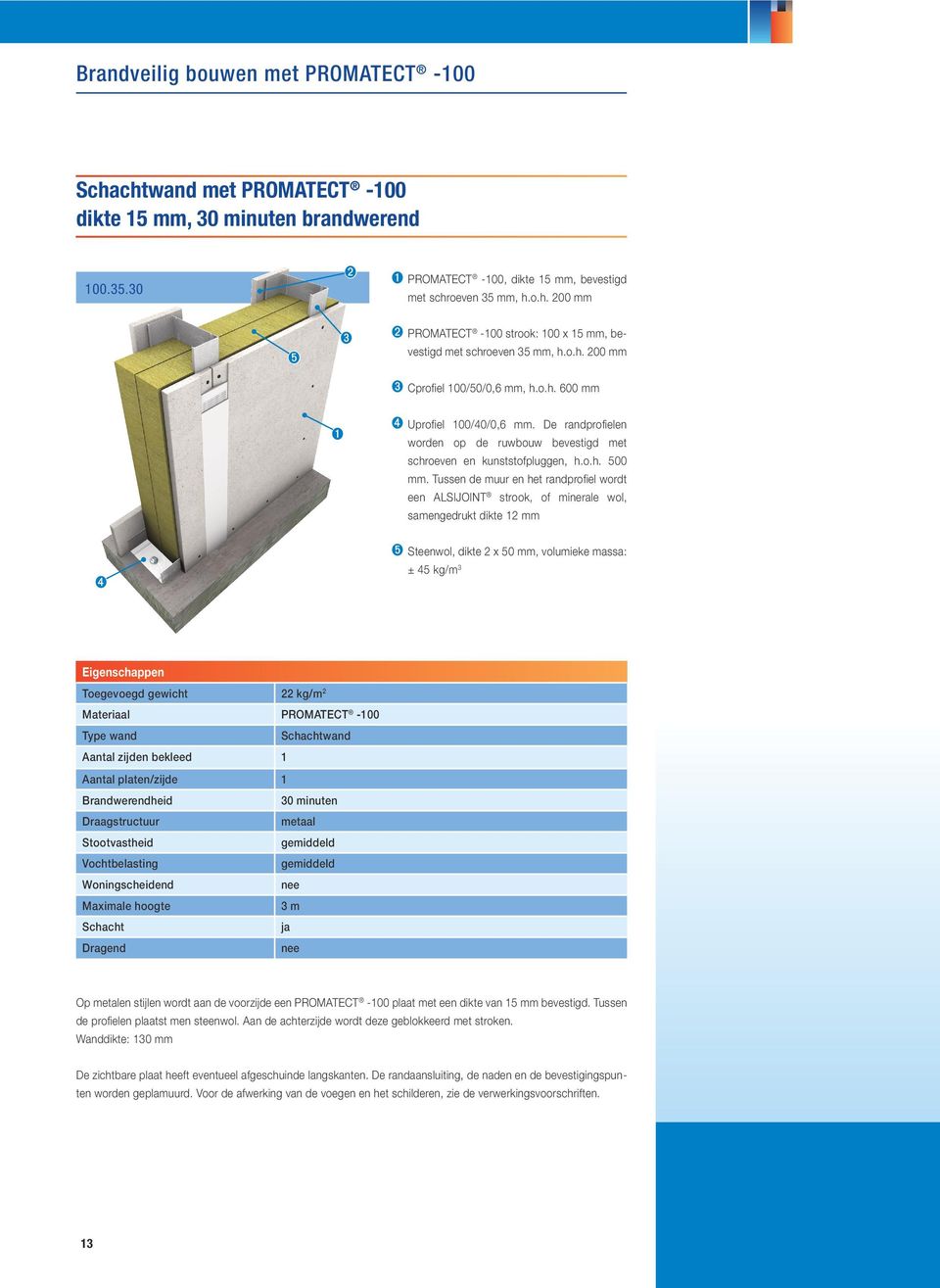 Tussen de muur en het randprofiel wordt een ALSIJOINT strook, of minerale wol, samengedrukt dikte 12 mm ➍ ➎ Steenwol, dikte 2 x 50 mm, volumieke massa: ± 45 kg/m 3 Eigenschappen Toegevoegd gewicht 22