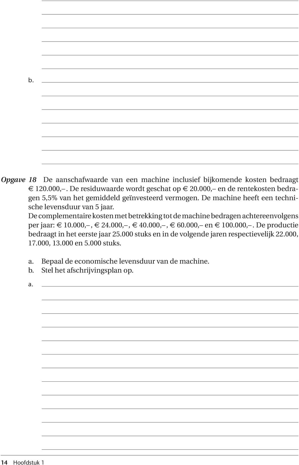 De complementaire kosten met betrekking tot de machine bedragen achter eenvolgens per jaar: 10.000,, 24.000,, 40.000,, 60.000, en 100.000,. De productie bedraagt in het eerste jaar 25.