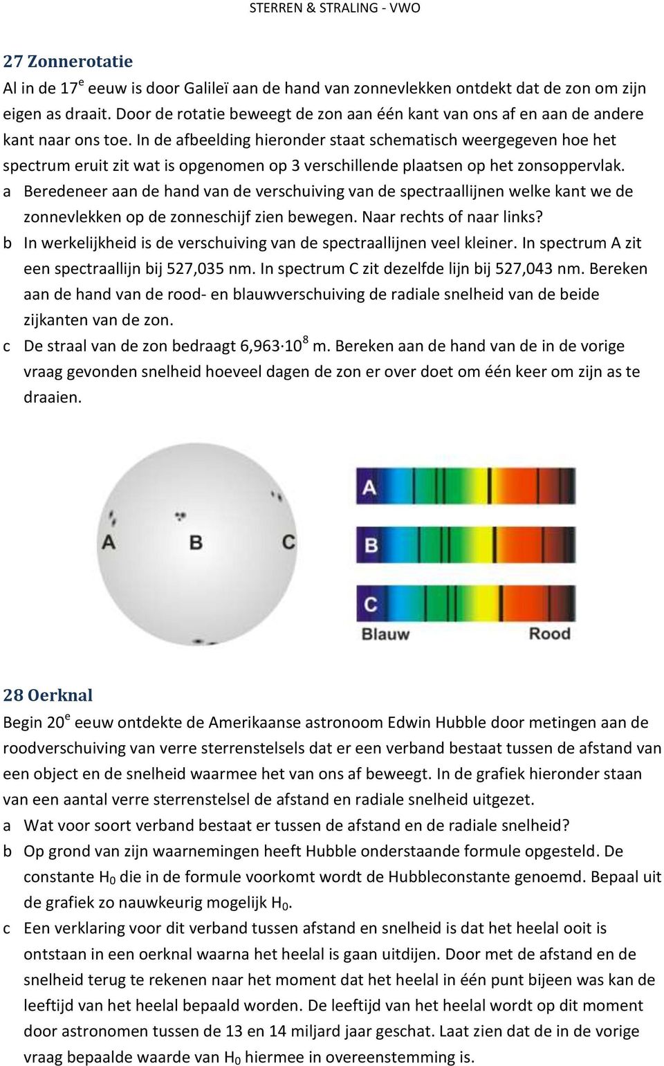 In de afbeelding hieronder staat schematisch weergegeven hoe het spectrum eruit zit wat is opgenomen op 3 verschillende plaatsen op het zonsoppervlak.