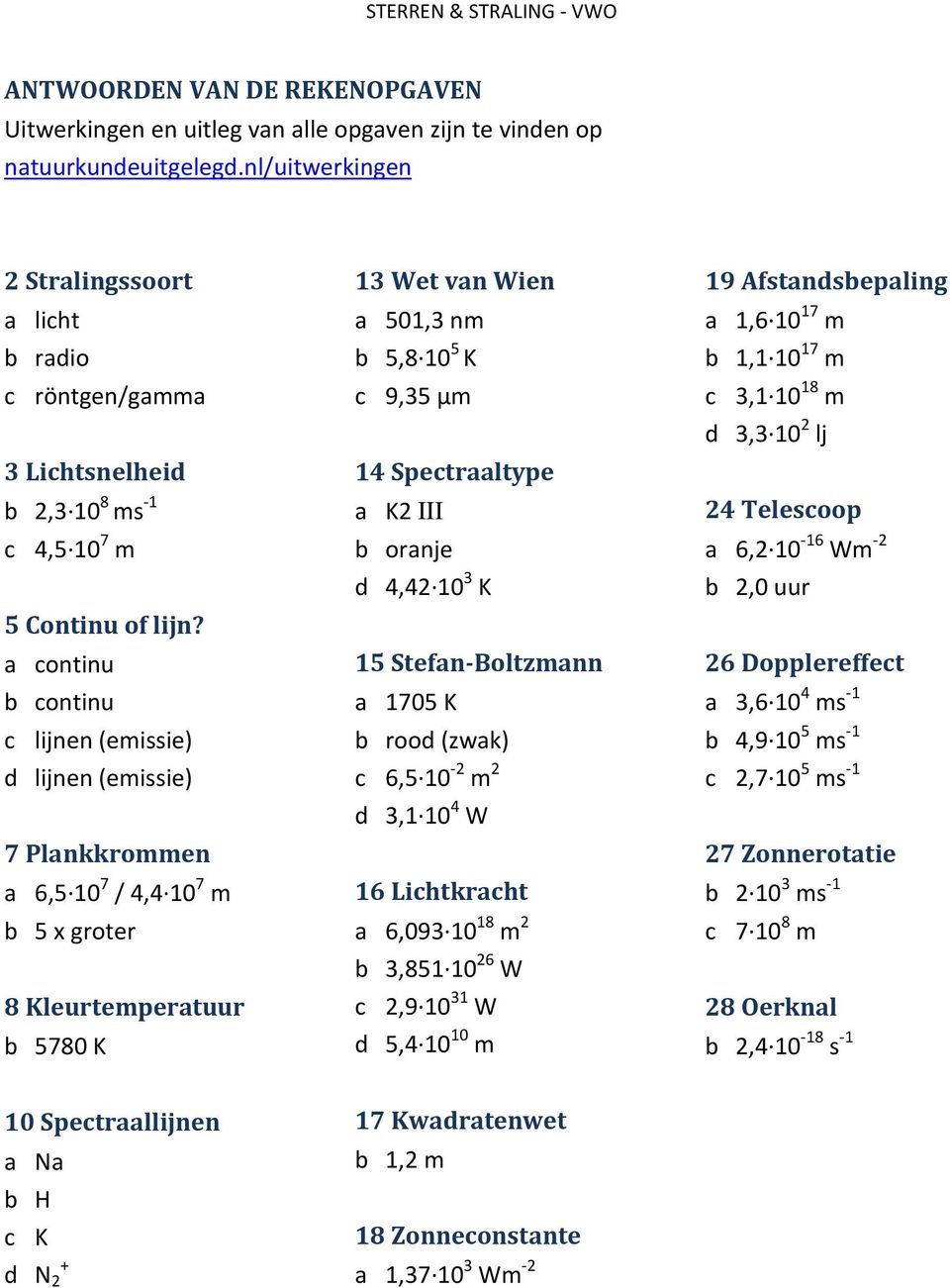 a continu b continu c lijnen (emissie) d lijnen (emissie) 7 Plankkrommen a 6,5 10 7 / 4,4 10 7 m b 5 x groter 8 Kleurtemperatuur b 5780 K 13 Wet van Wien a 501,3 nm b 5,8 10 5 K c 9,35 μm 14
